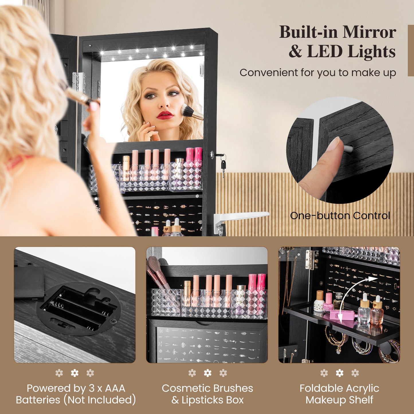 360° Swivel Jewelry Armoire with Full-Length Mirror & LED Lights