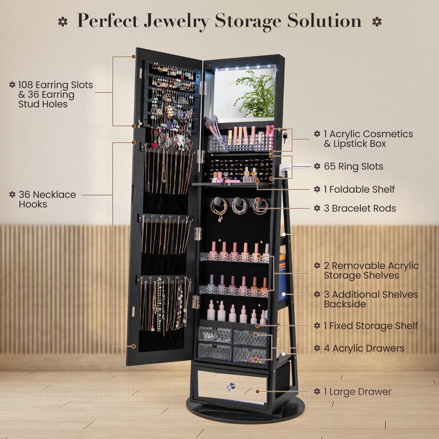 360° Swivel Jewelry Armoire with Full-Length Mirror & LED Lights