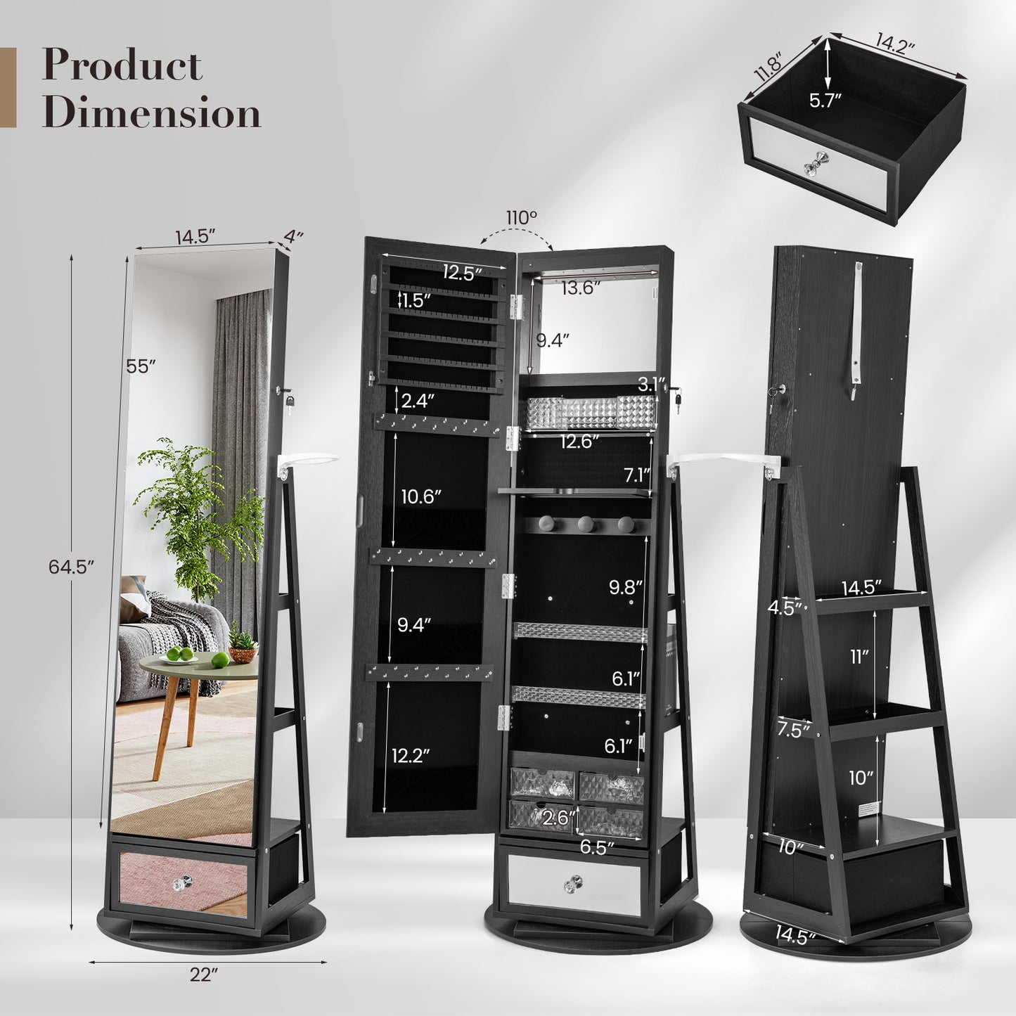 360° Swivel Jewelry Armoire with Full-Length Mirror & LED Lights