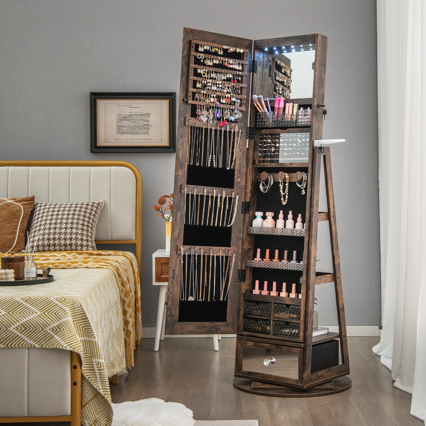 360° Swivel Jewelry Armoire with Full-Length Mirror & LED Lights