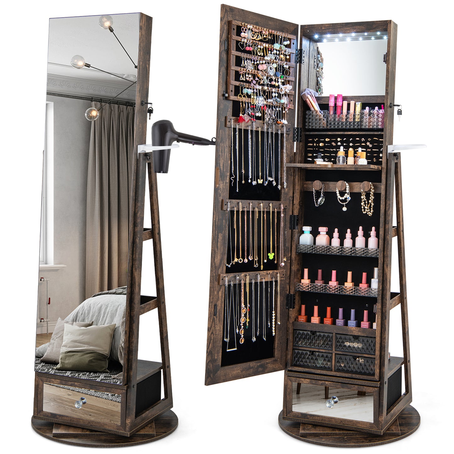 360° Swivel Jewelry Armoire with Full-Length Mirror & LED Lights