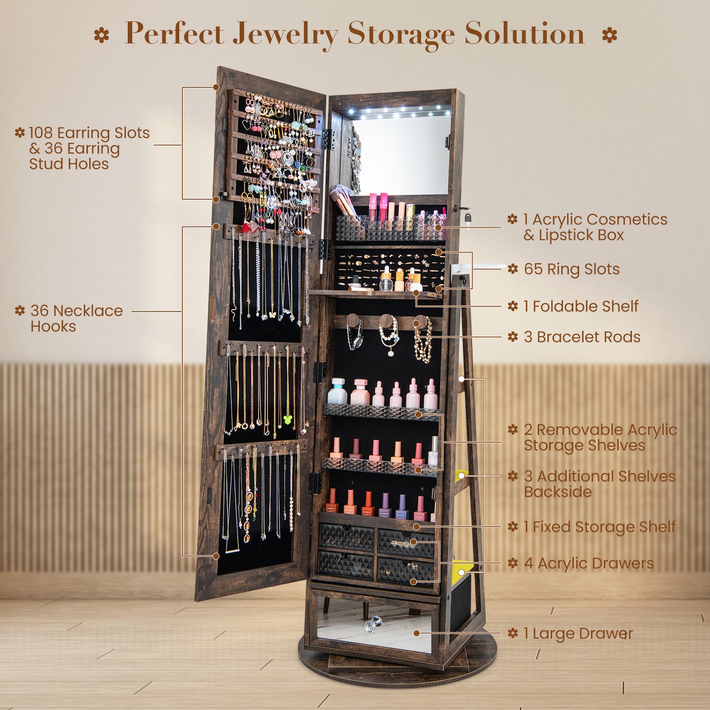 360° Swivel Jewelry Armoire with Full-Length Mirror & LED Lights