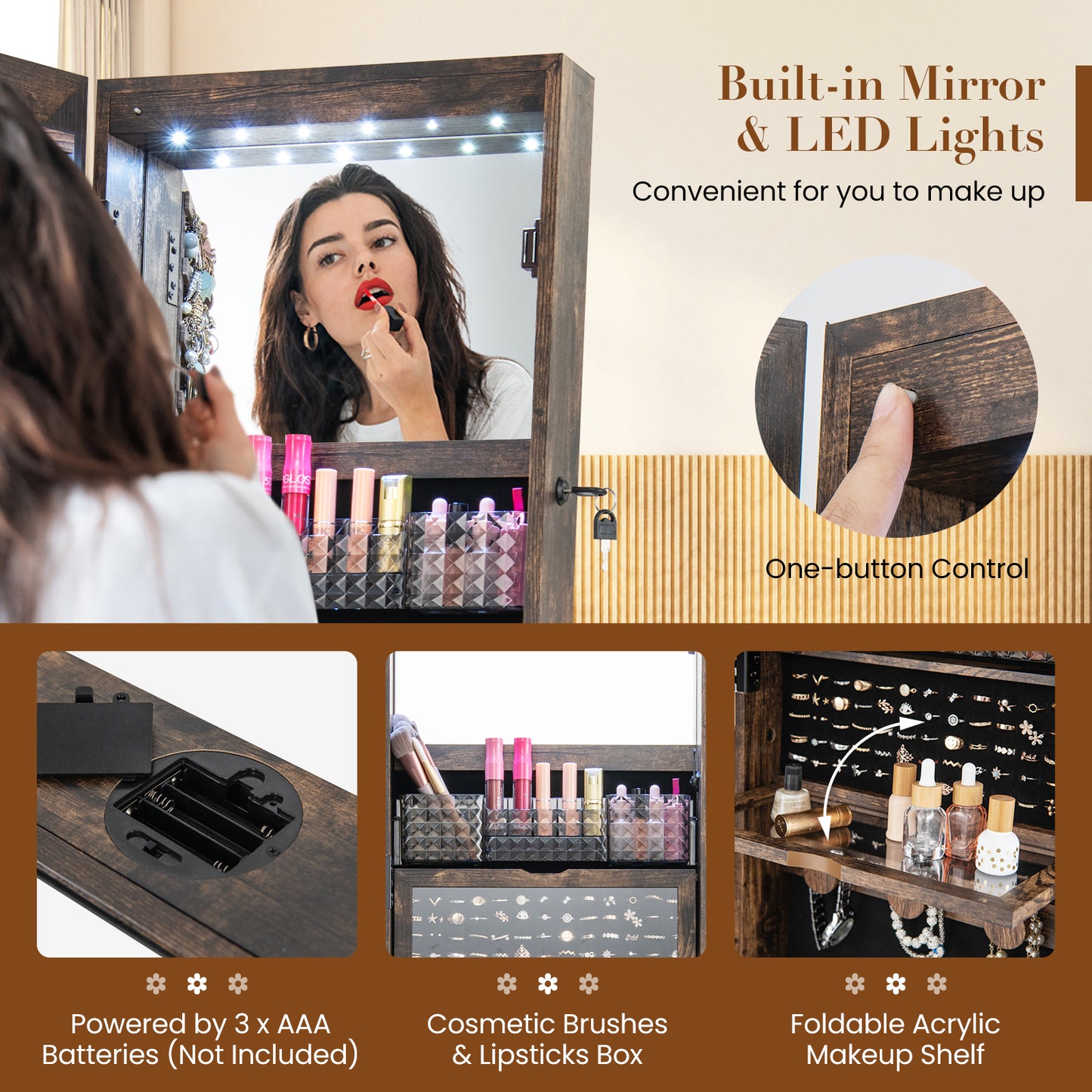 360° Swivel Jewelry Armoire with Full-Length Mirror & LED Lights