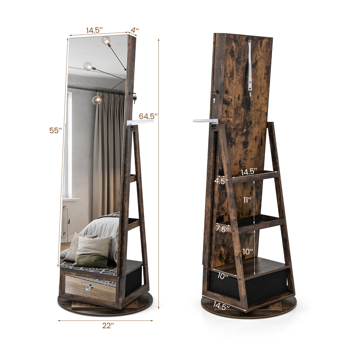 360° Swivel Jewelry Armoire with Full-Length Mirror & LED Lights