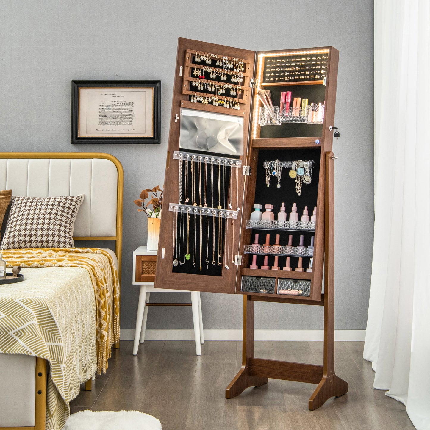 Jewelry Armoire with Lighted Full-Length Mirror and Lock