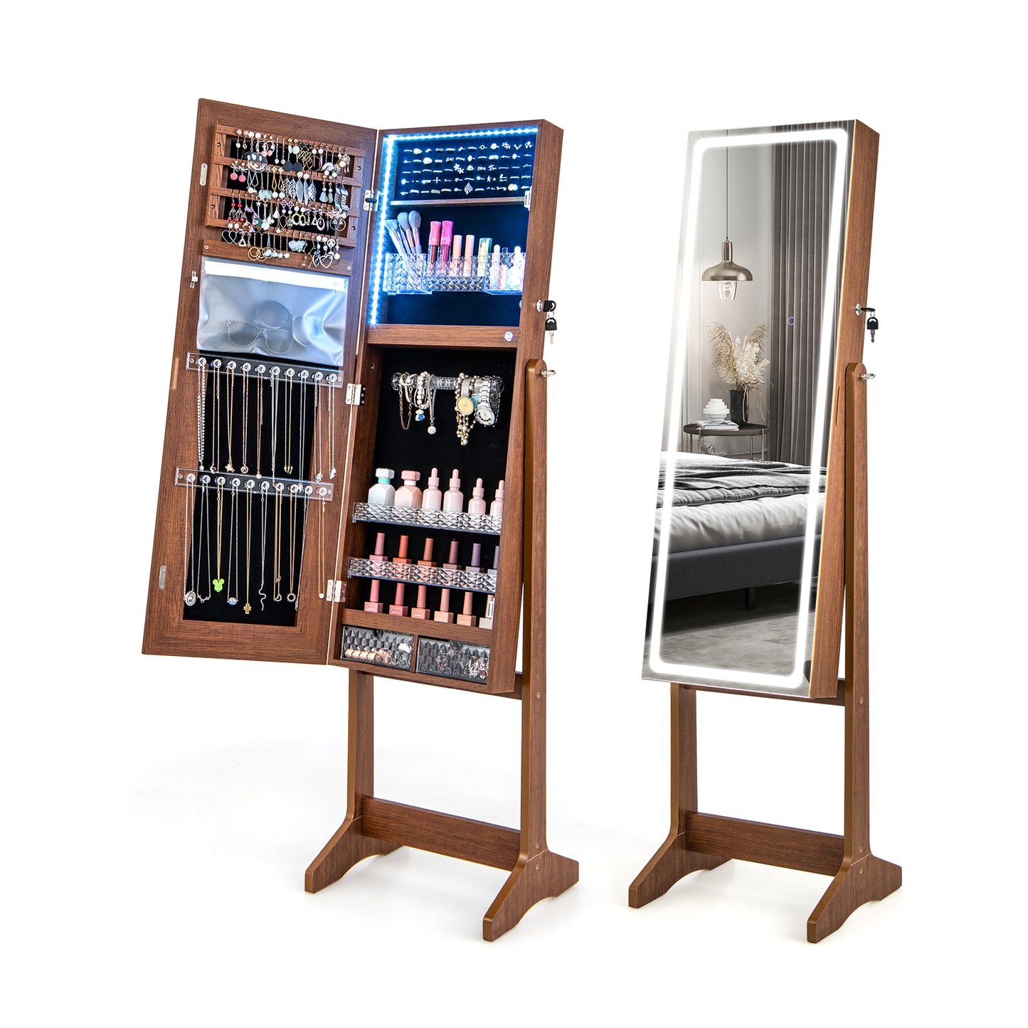 Jewelry Armoire with Lighted Full-Length Mirror and Lock