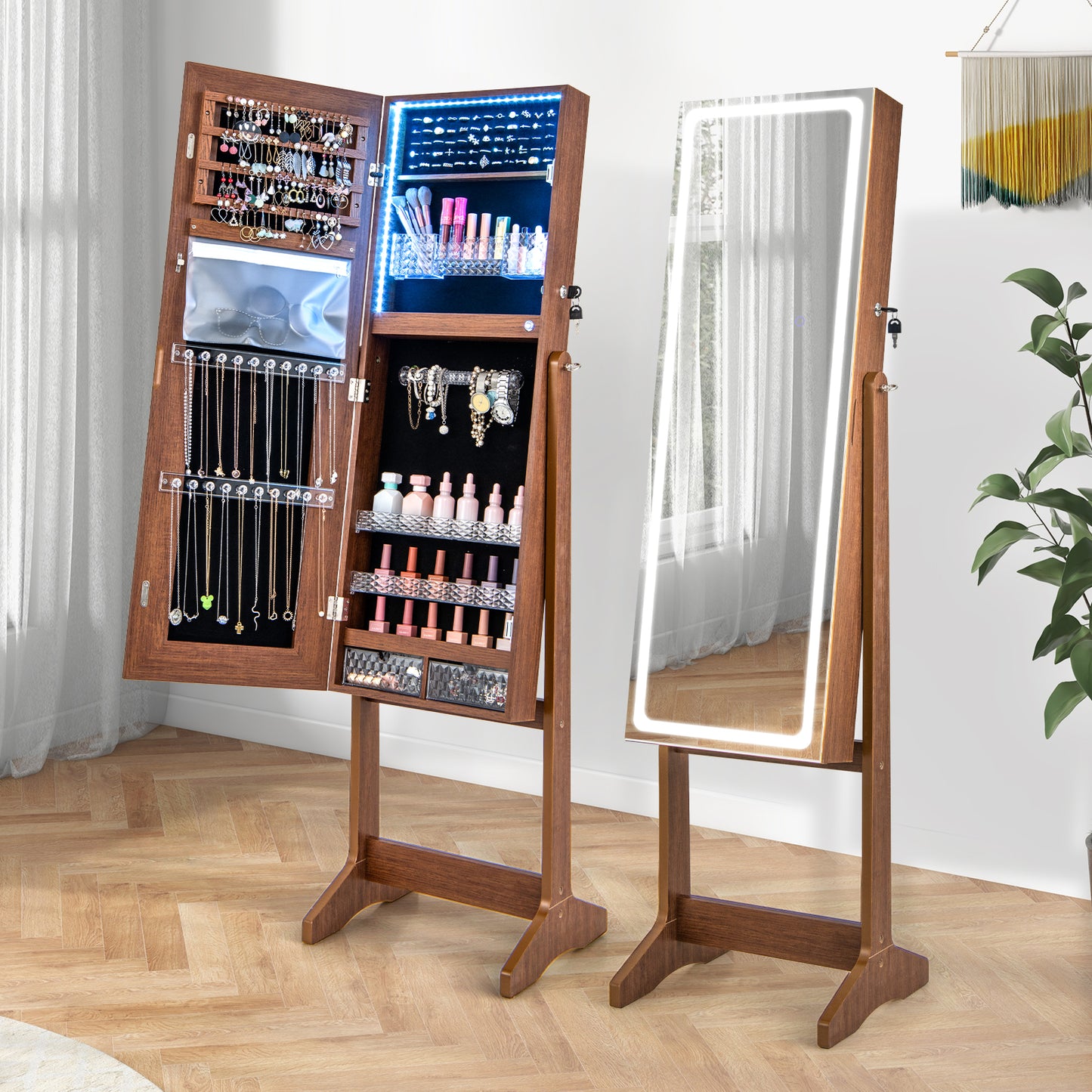 Jewelry Armoire with Lighted Full-Length Mirror and Lock