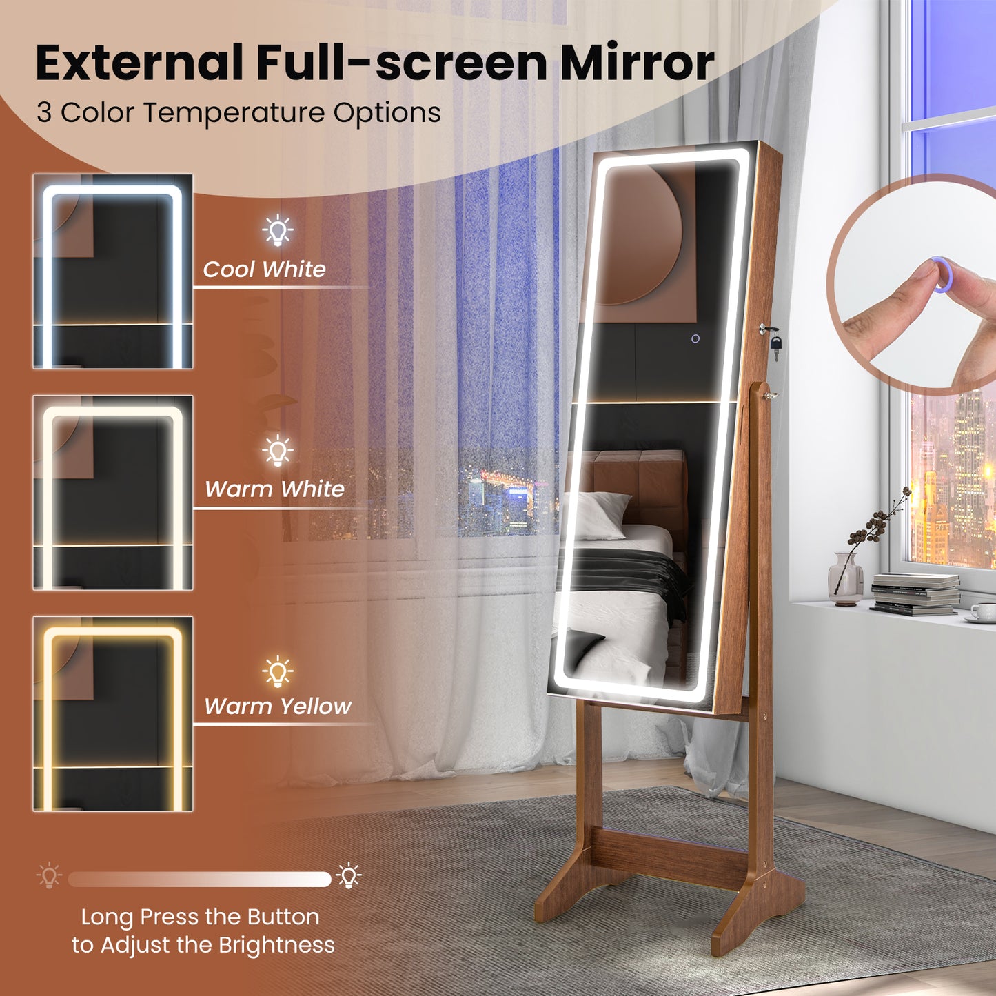 Jewelry Armoire with Lighted Full-Length Mirror and Lock