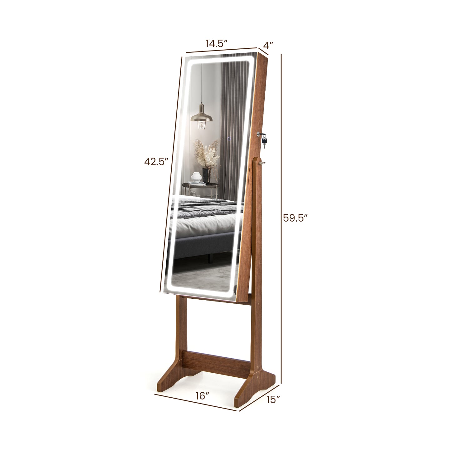 Jewelry Armoire with Lighted Full-Length Mirror and Lock