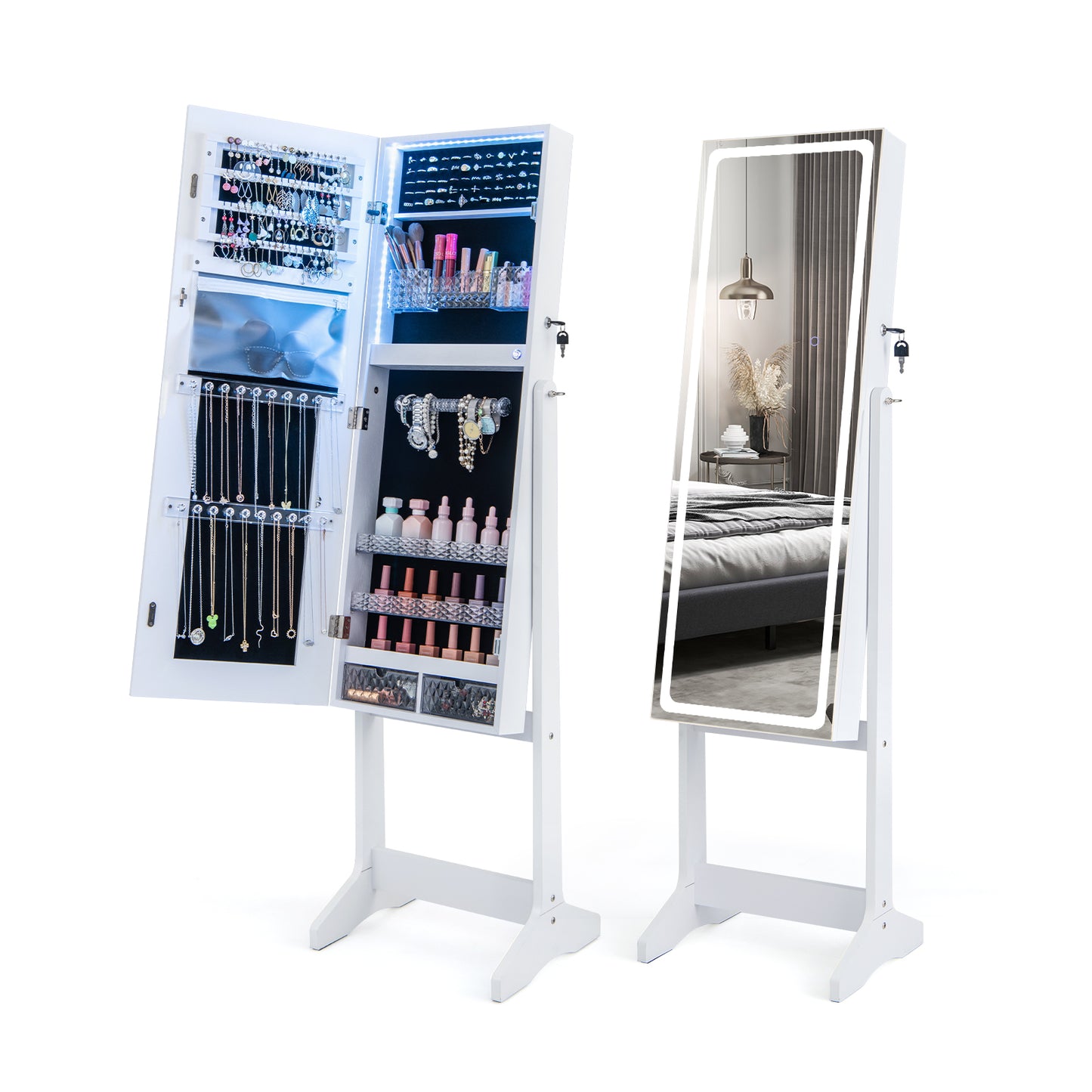 Jewelry Armoire with Lighted Full-Length Mirror and Lock