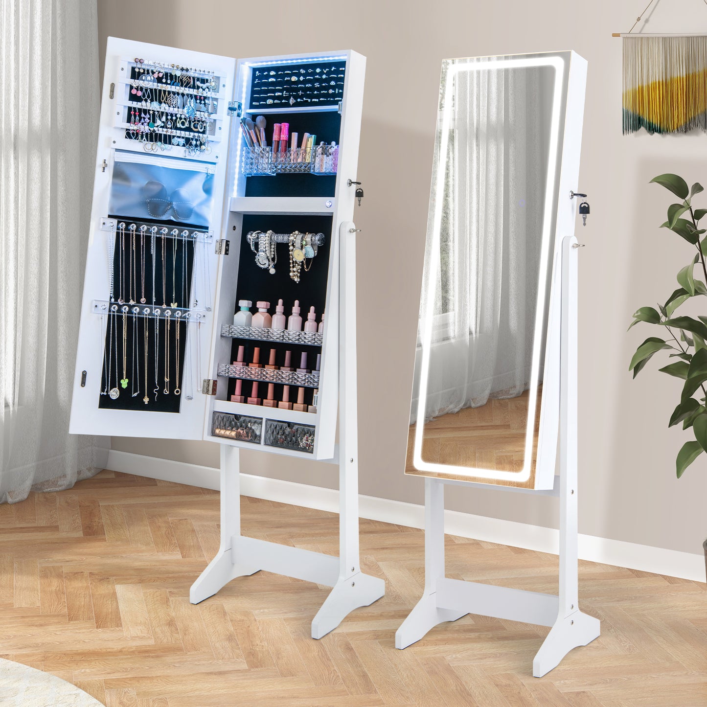 Jewelry Armoire with Lighted Full-Length Mirror and Lock