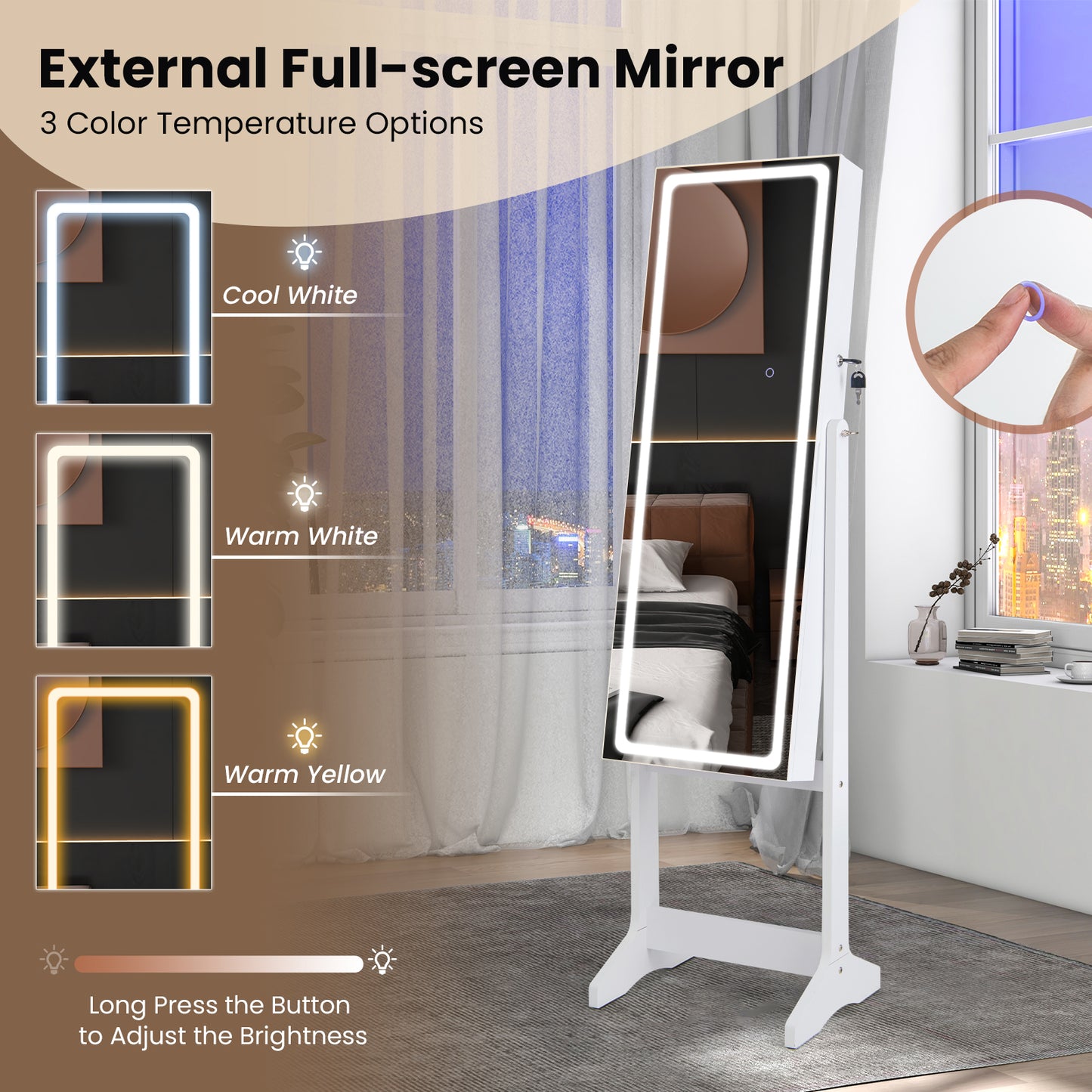 Jewelry Armoire with Lighted Full-Length Mirror and Lock