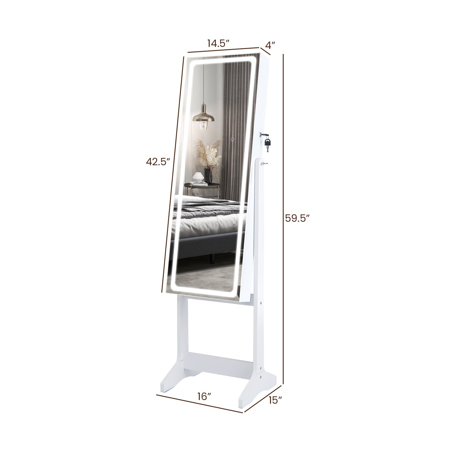 Jewelry Armoire with Lighted Full-Length Mirror and Lock