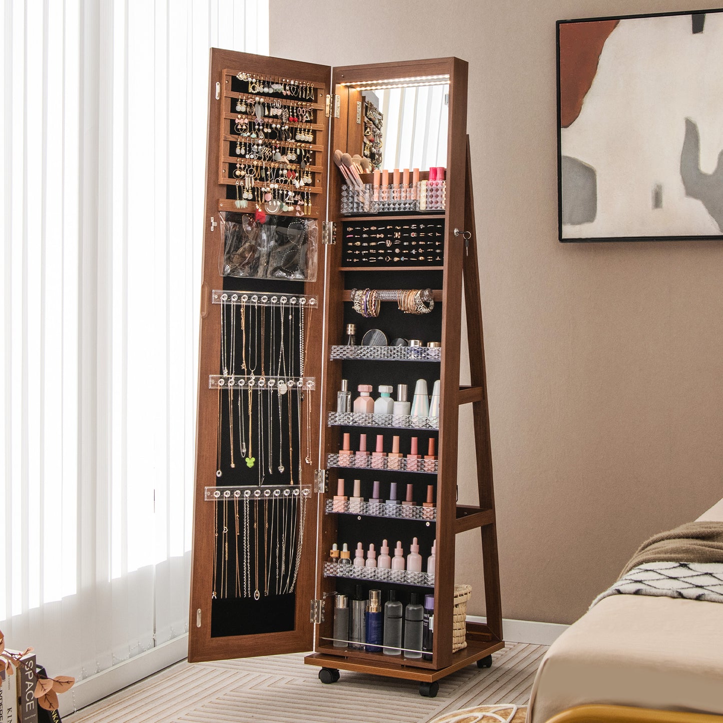 64-Inch Jewelry Armoire with Full-Length Mirror and LED Lights