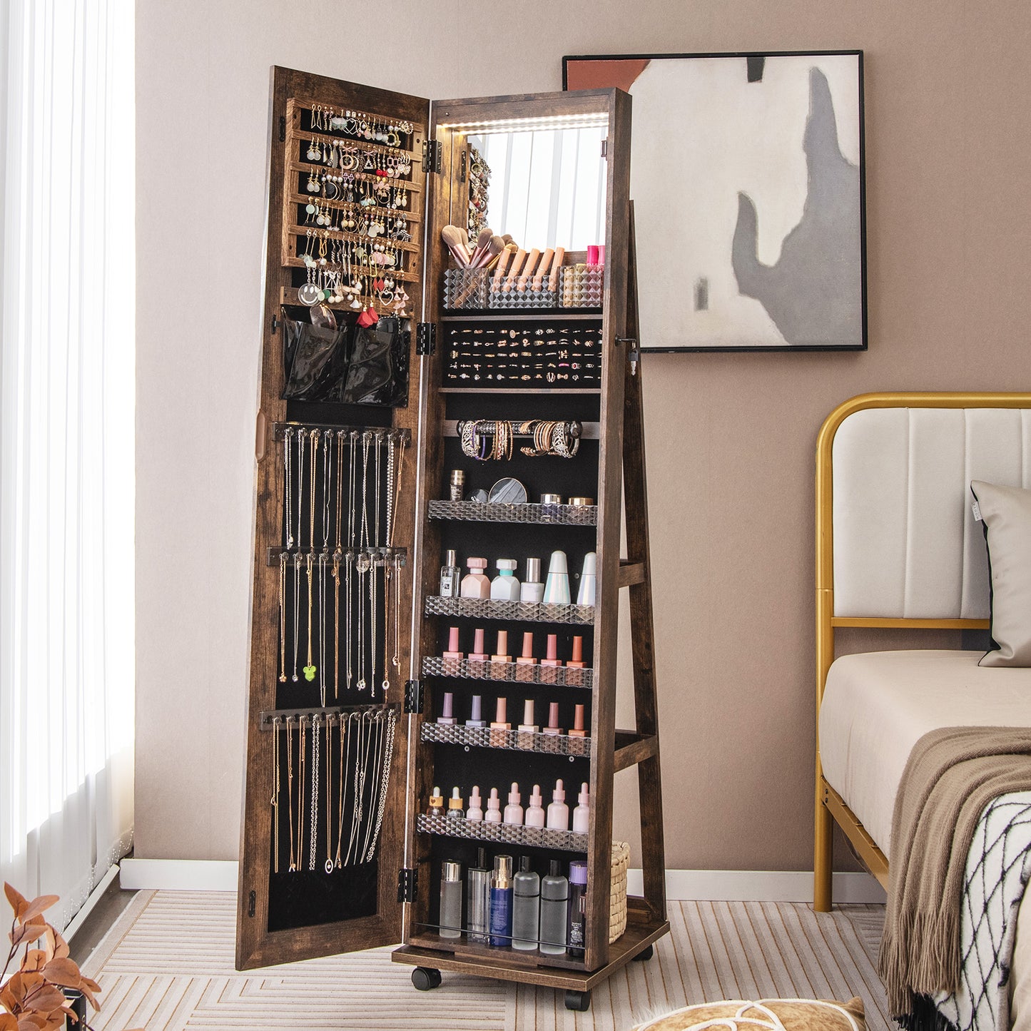 64-Inch Jewelry Armoire with Full-Length Mirror and LED Lights