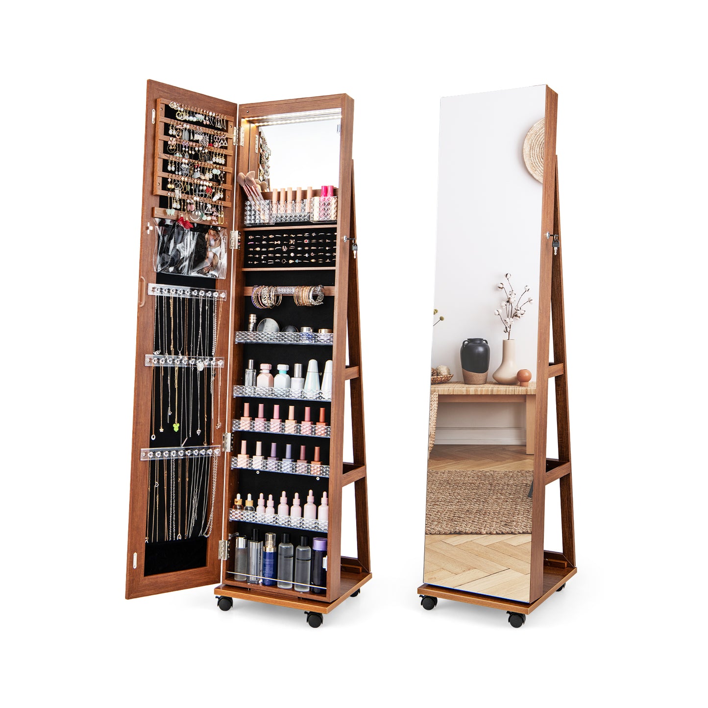 64-Inch Jewelry Armoire with Full-Length Mirror and LED Lights