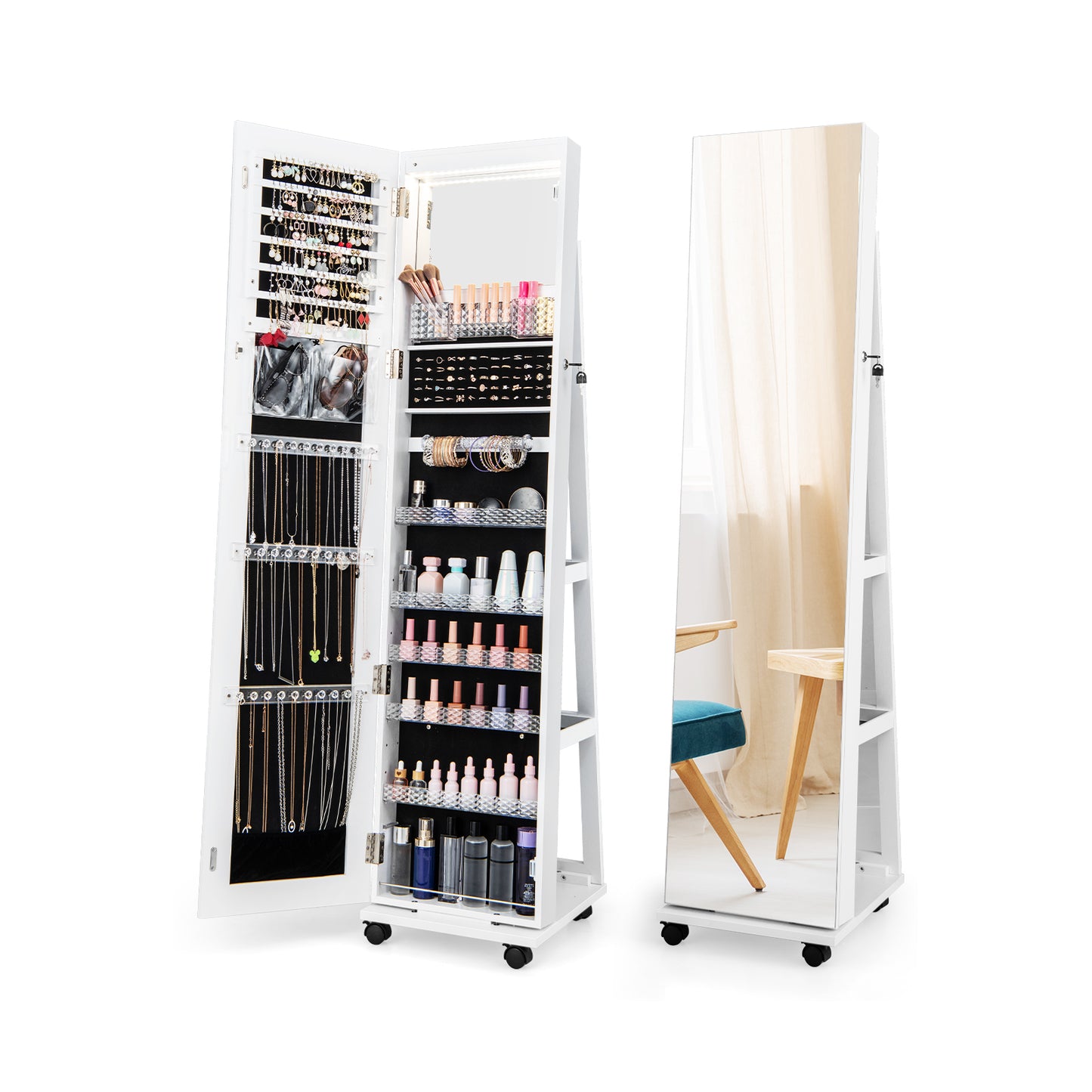 64-Inch Jewelry Armoire with Full-Length Mirror and LED Lights