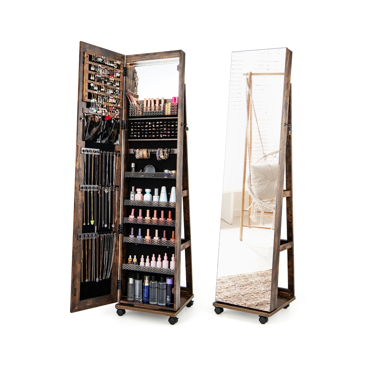 64-Inch Jewelry Armoire with Full-Length Mirror and LED Lights