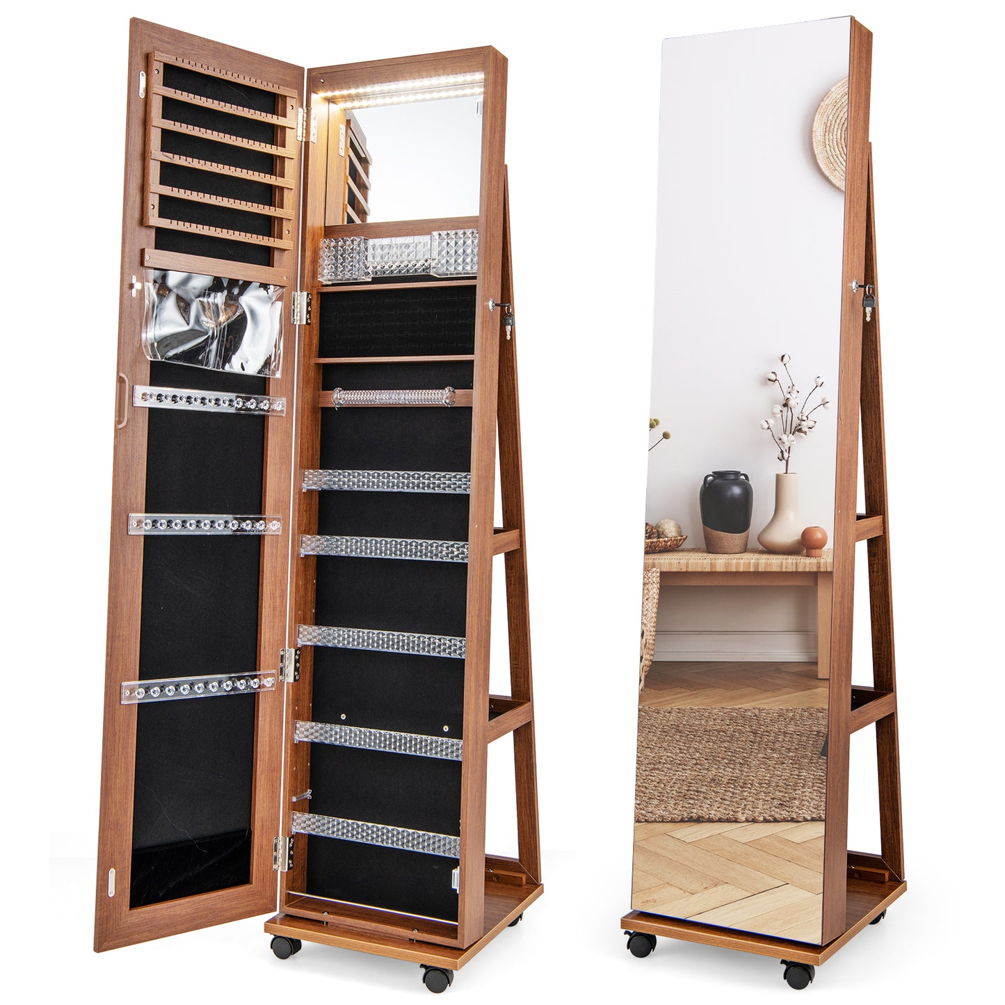 64-Inch Jewelry Armoire with Full-Length Mirror and LED Lights