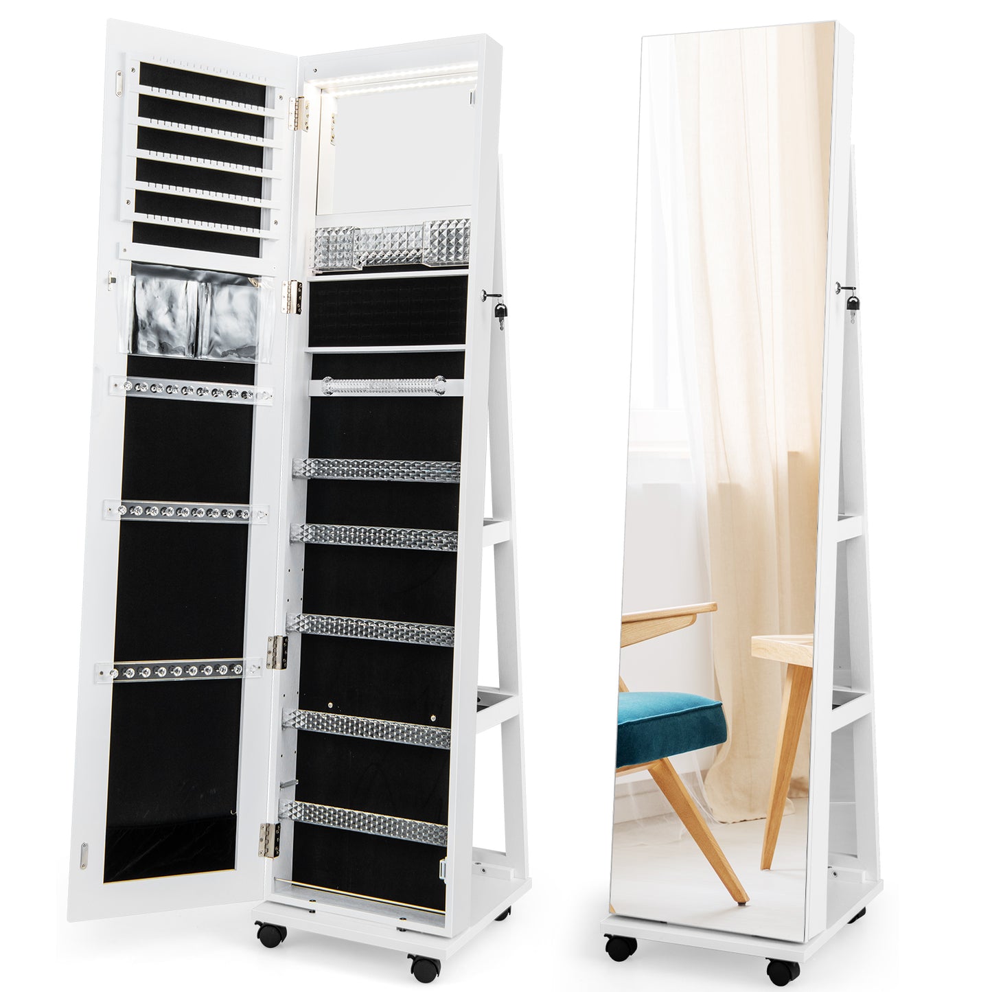 64-Inch Jewelry Armoire with Full-Length Mirror and LED Lights