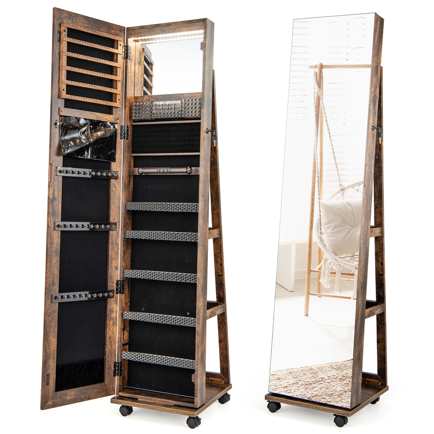 64-Inch Jewelry Armoire with Full-Length Mirror and LED Lights