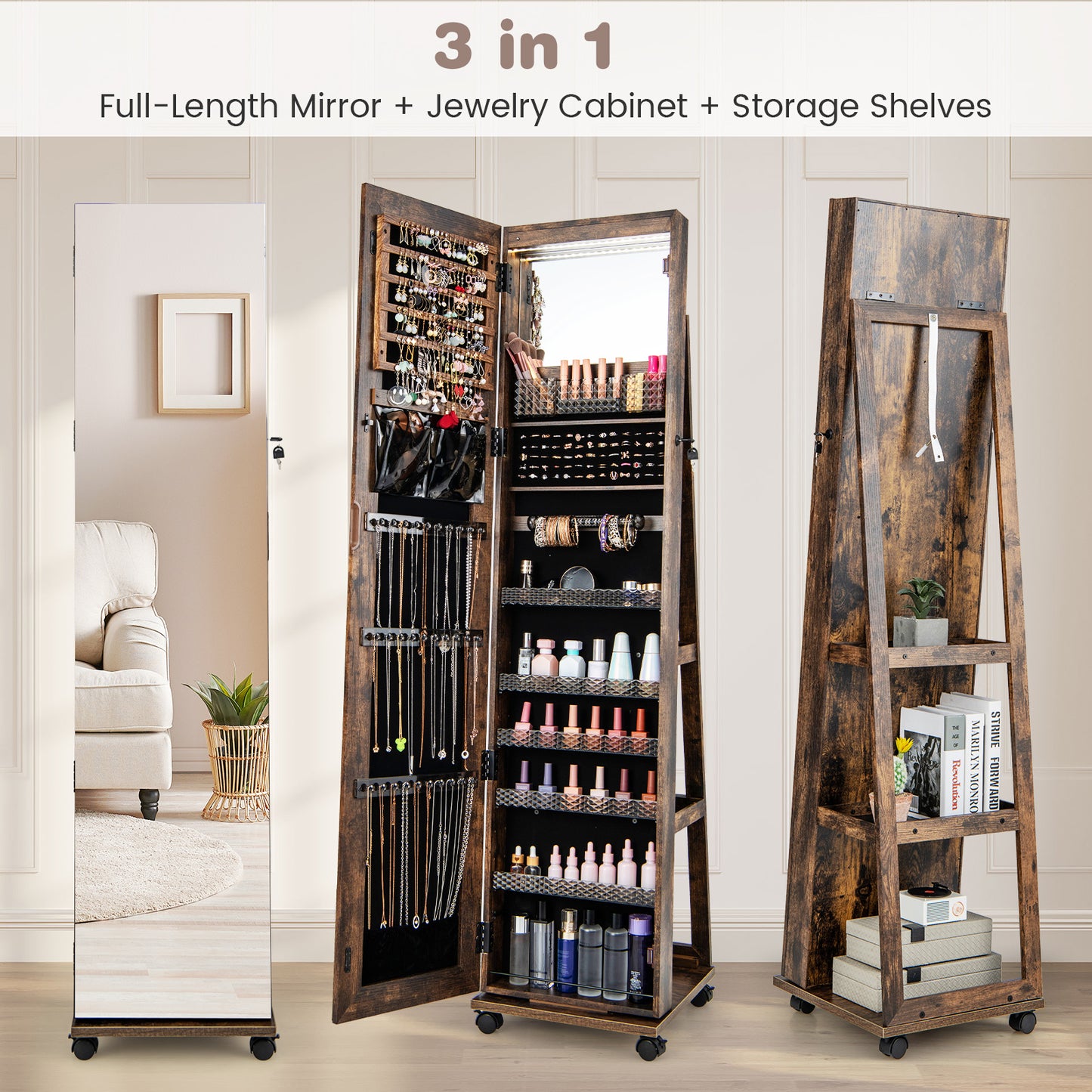 64-Inch Jewelry Armoire with Full-Length Mirror and LED Lights
