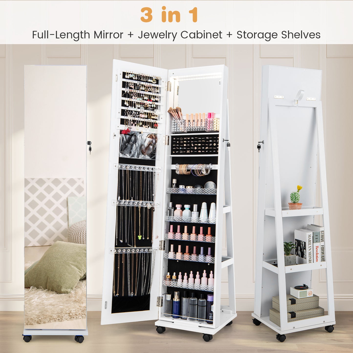 64-Inch Jewelry Armoire with Full-Length Mirror and LED Lights