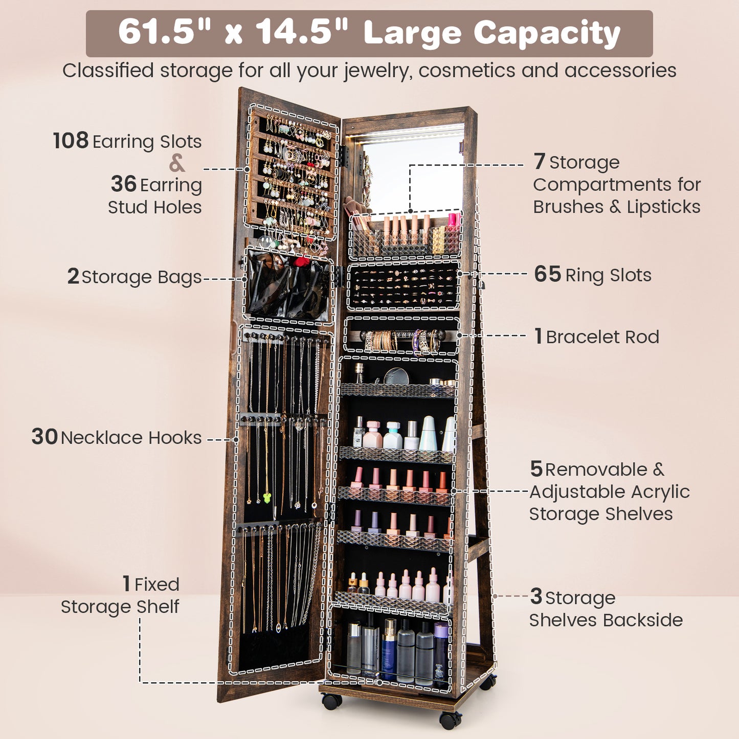 64-Inch Jewelry Armoire with Full-Length Mirror and LED Lights