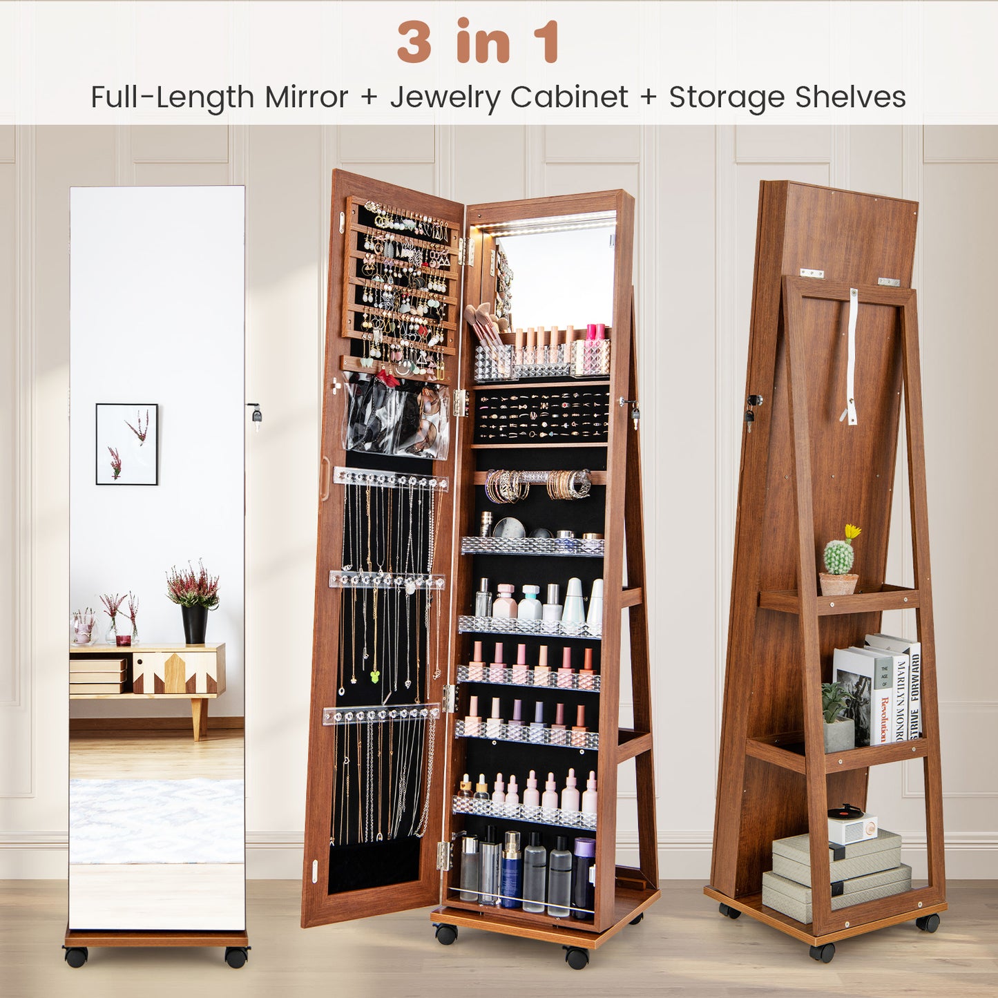 64-Inch Jewelry Armoire with Full-Length Mirror and LED Lights