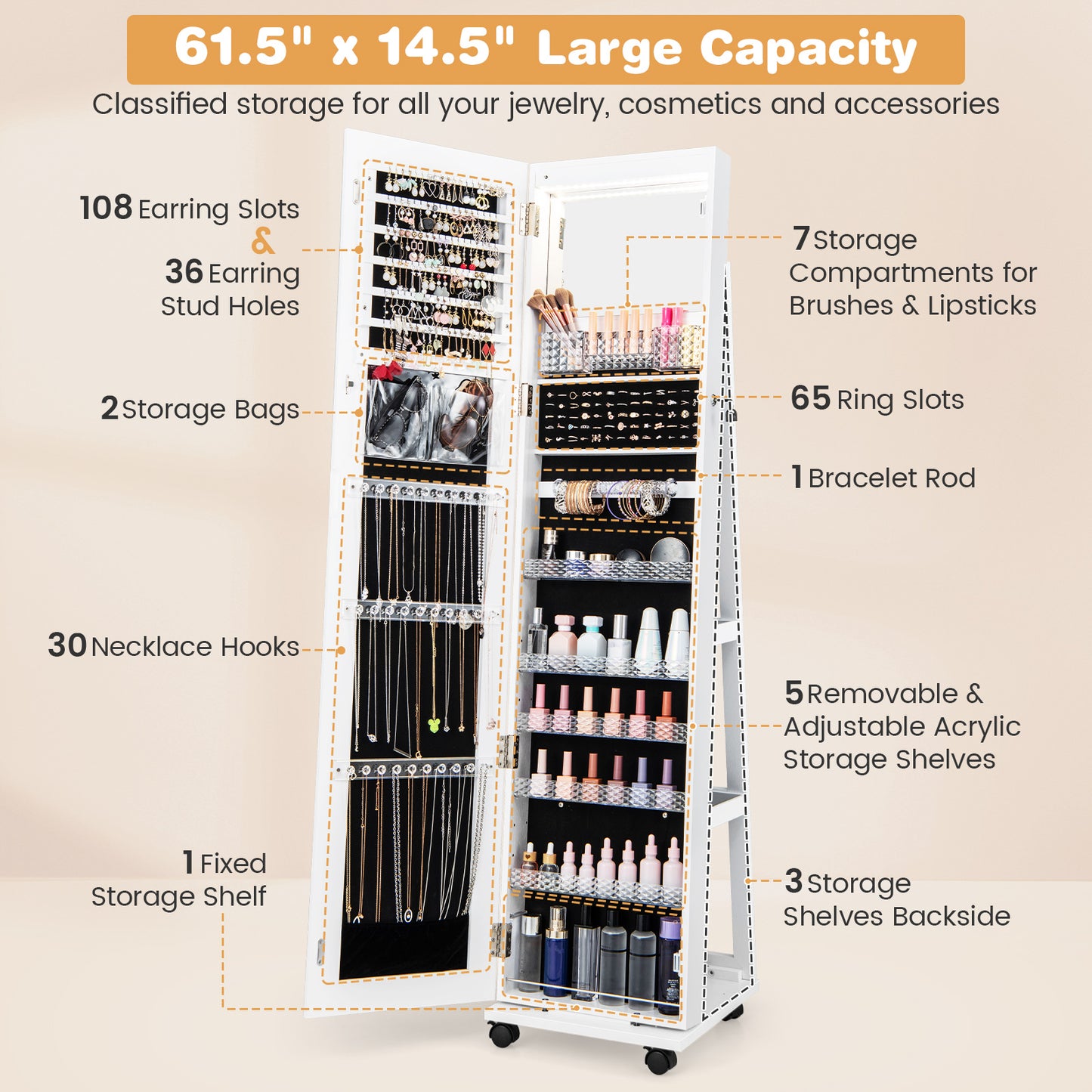 64-Inch Jewelry Armoire with Full-Length Mirror and LED Lights