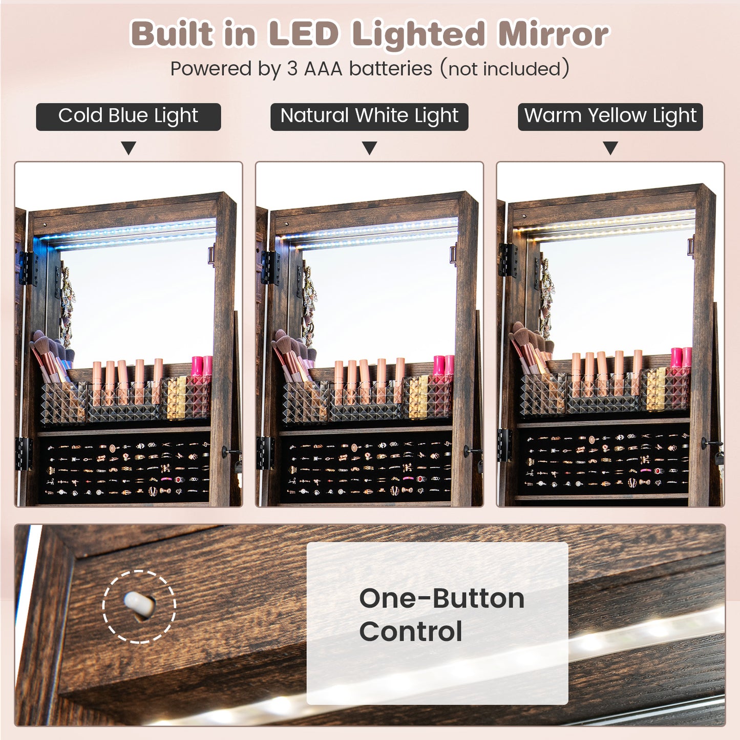 64-Inch Jewelry Armoire with Full-Length Mirror and LED Lights