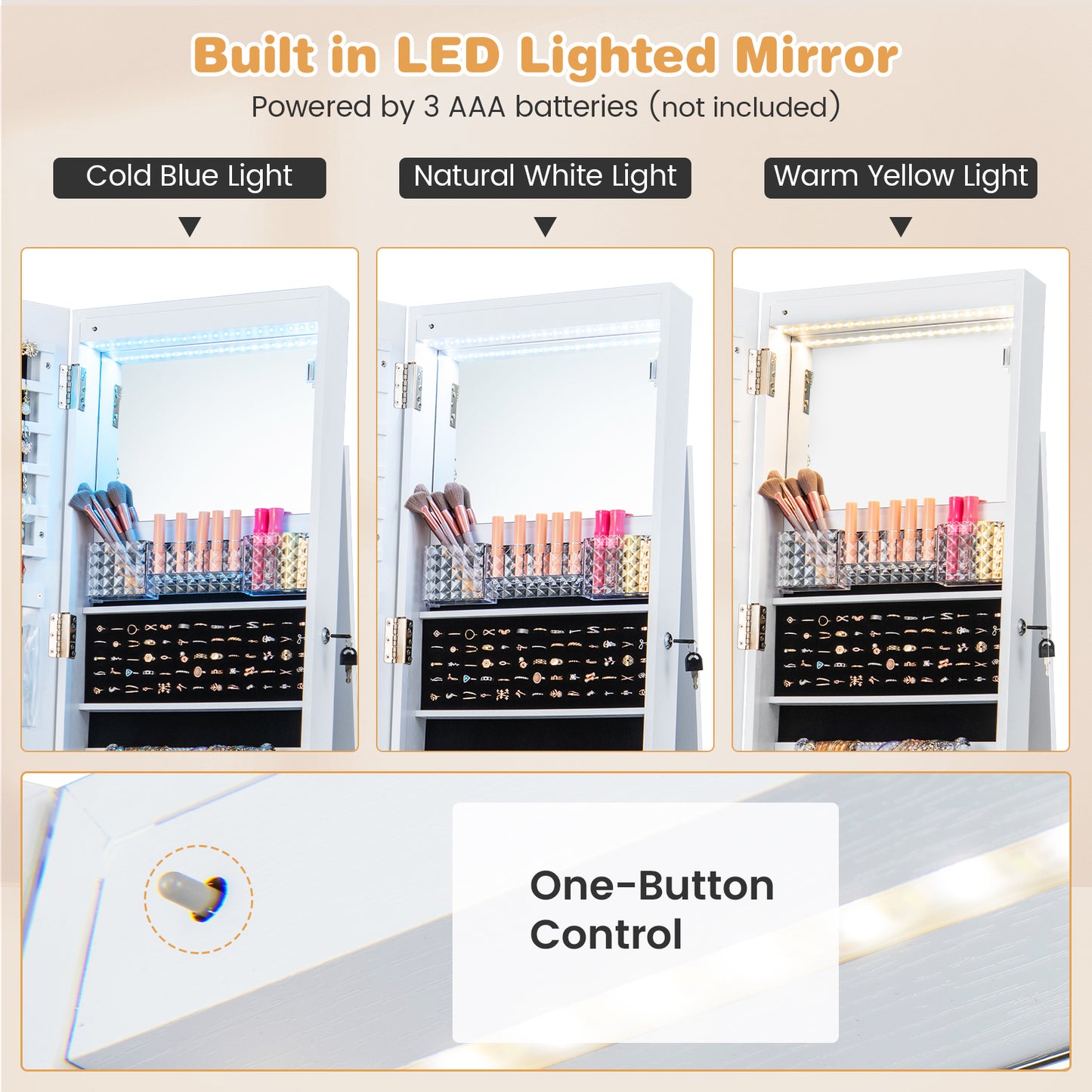64-Inch Jewelry Armoire with Full-Length Mirror and LED Lights