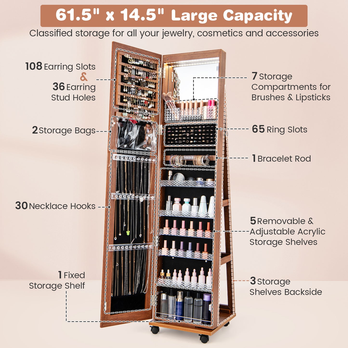 64-Inch Jewelry Armoire with Full-Length Mirror and LED Lights