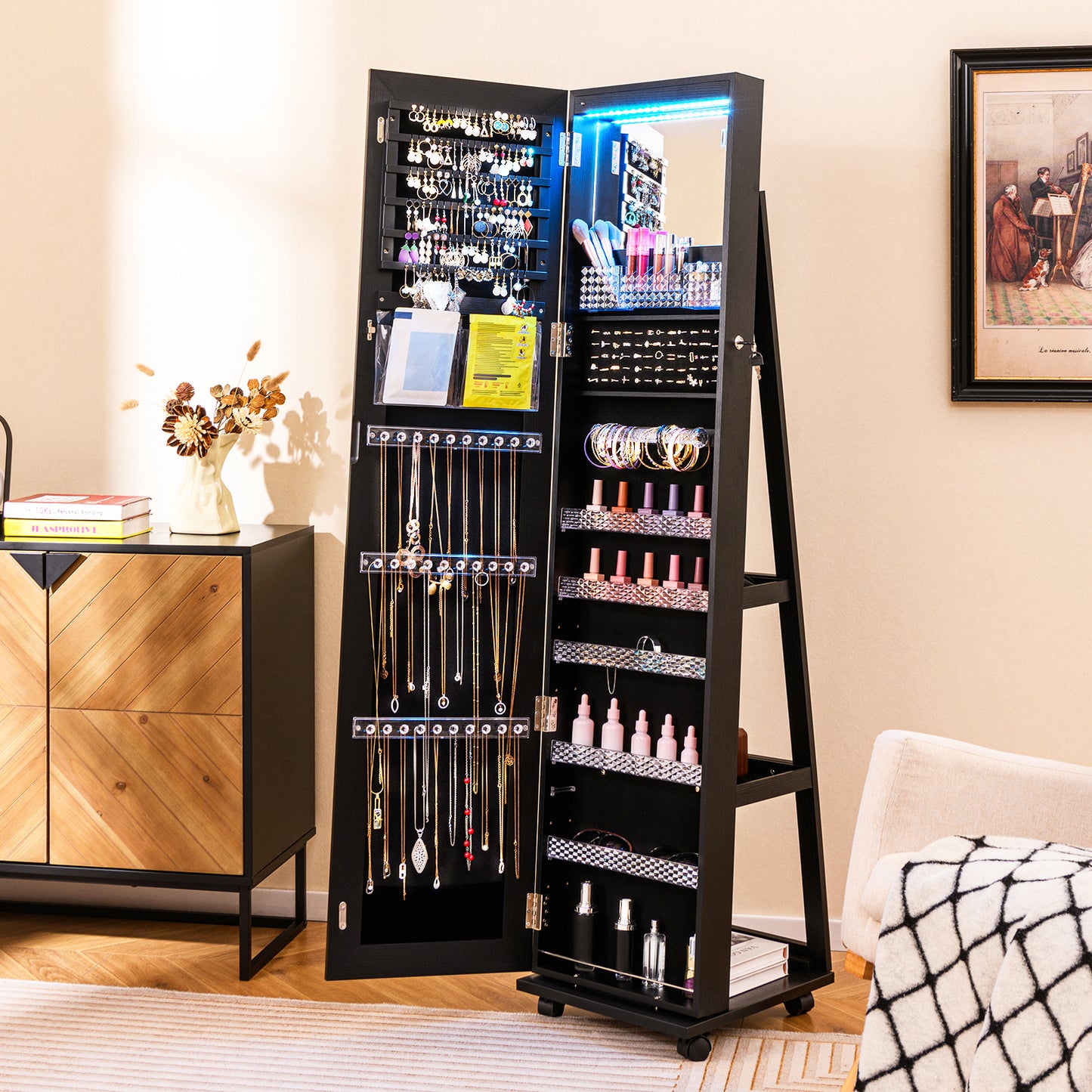64-Inch Jewelry Armoire with Full-Length Mirror and LED Lights