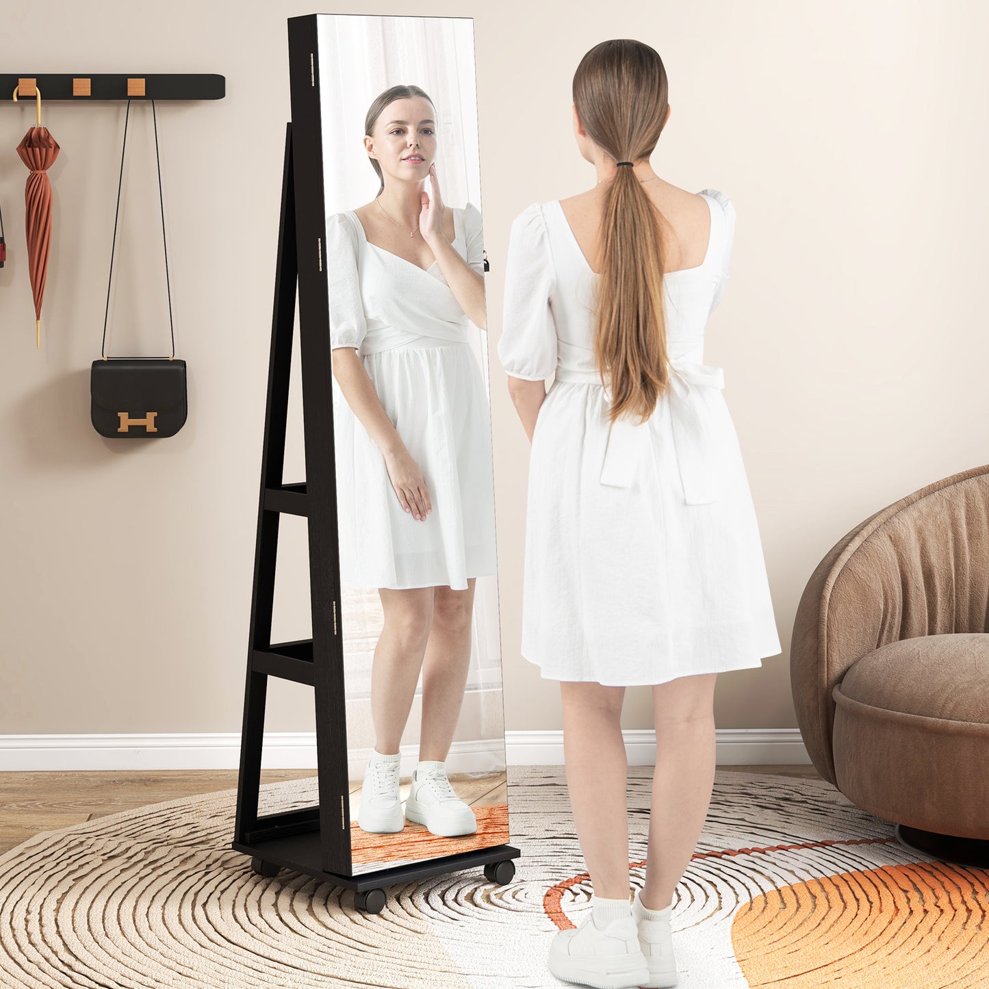 64-Inch Jewelry Armoire with Full-Length Mirror and LED Lights