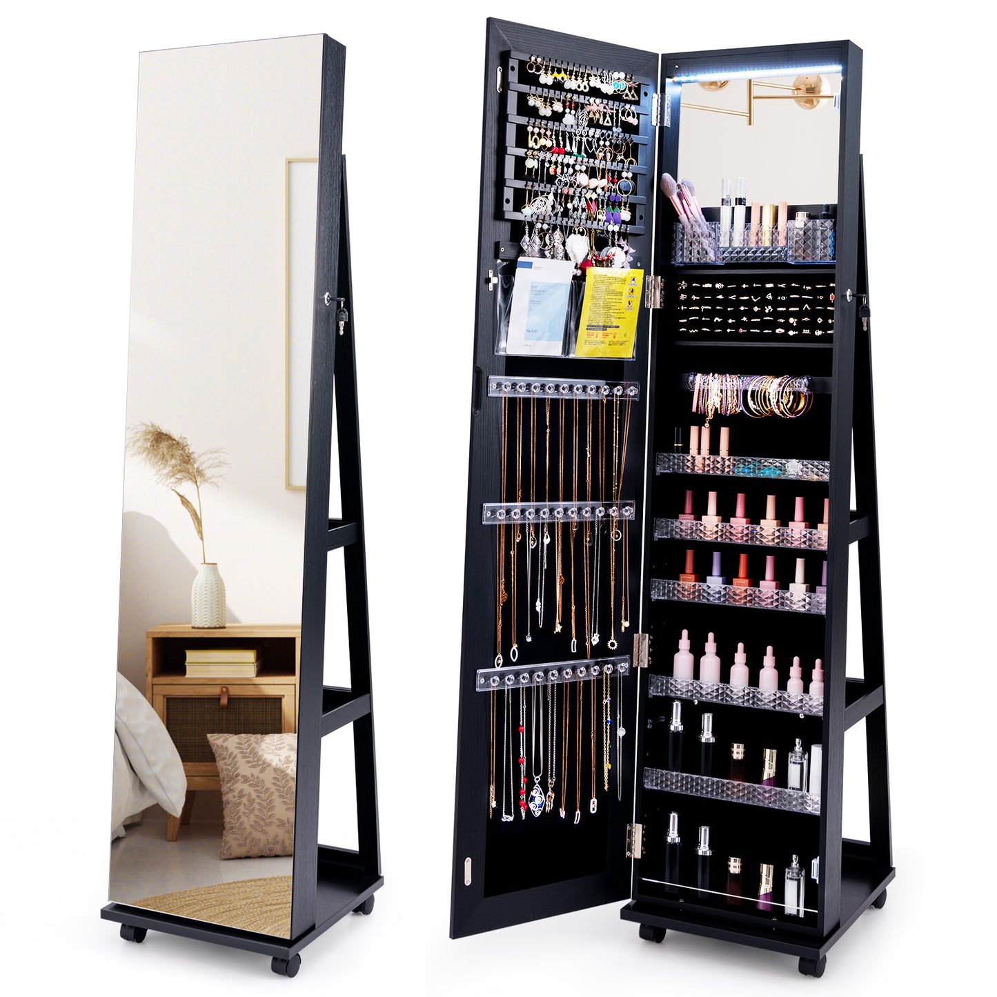 64-Inch Jewelry Armoire with Full-Length Mirror and LED Lights