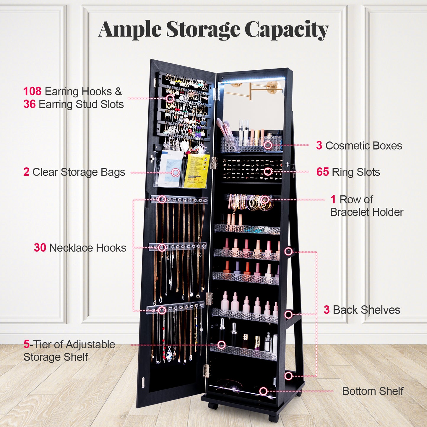 64-Inch Jewelry Armoire with Full-Length Mirror and LED Lights