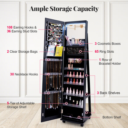 64-Inch Jewelry Armoire with Full-Length Mirror and LED Lights