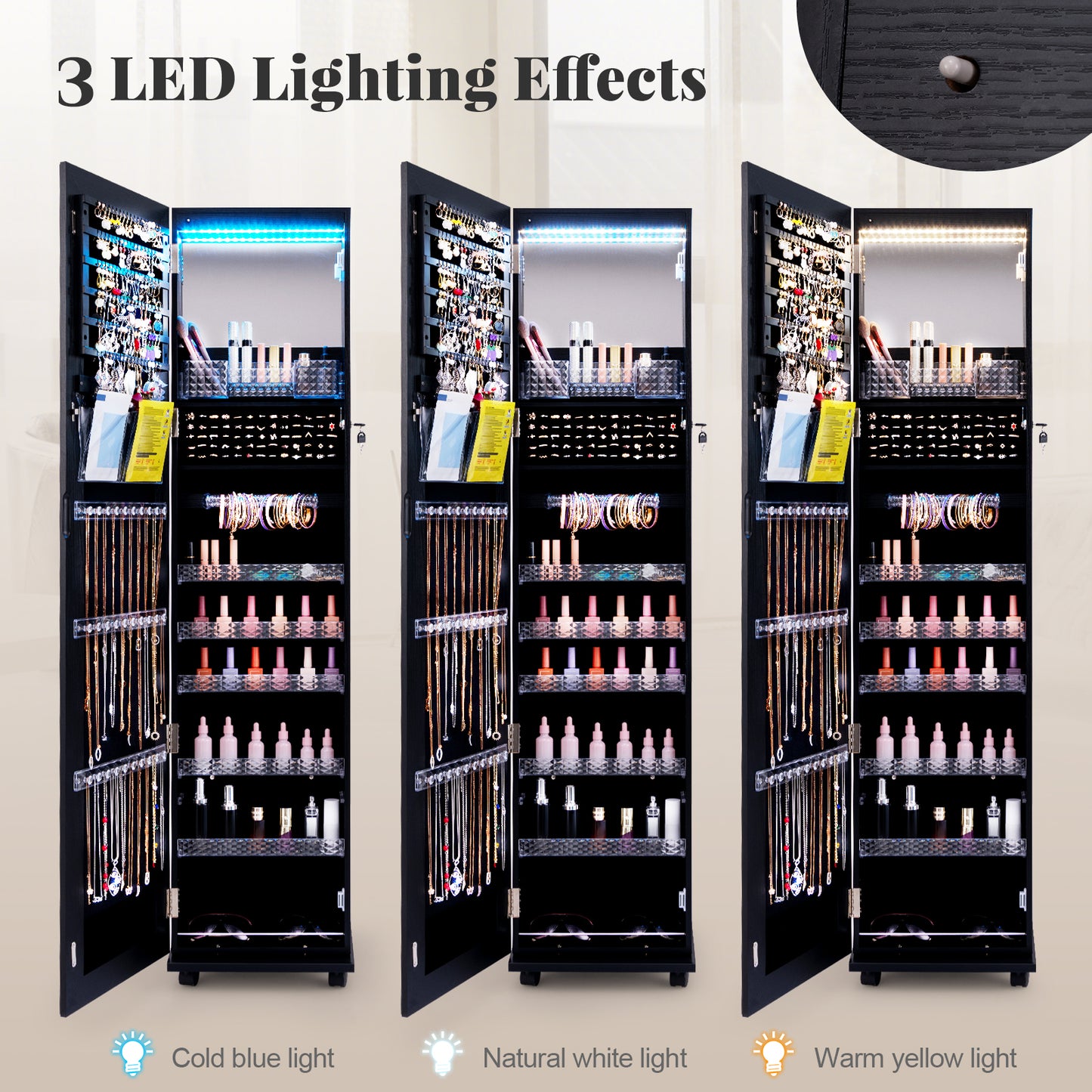 64-Inch Jewelry Armoire with Full-Length Mirror and LED Lights