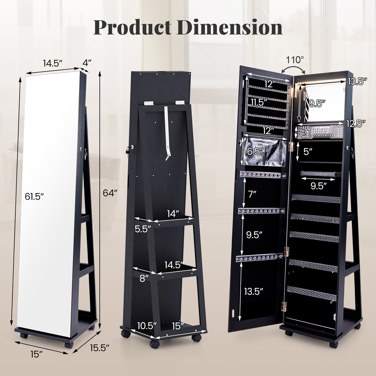 64-Inch Jewelry Armoire with Full-Length Mirror and LED Lights