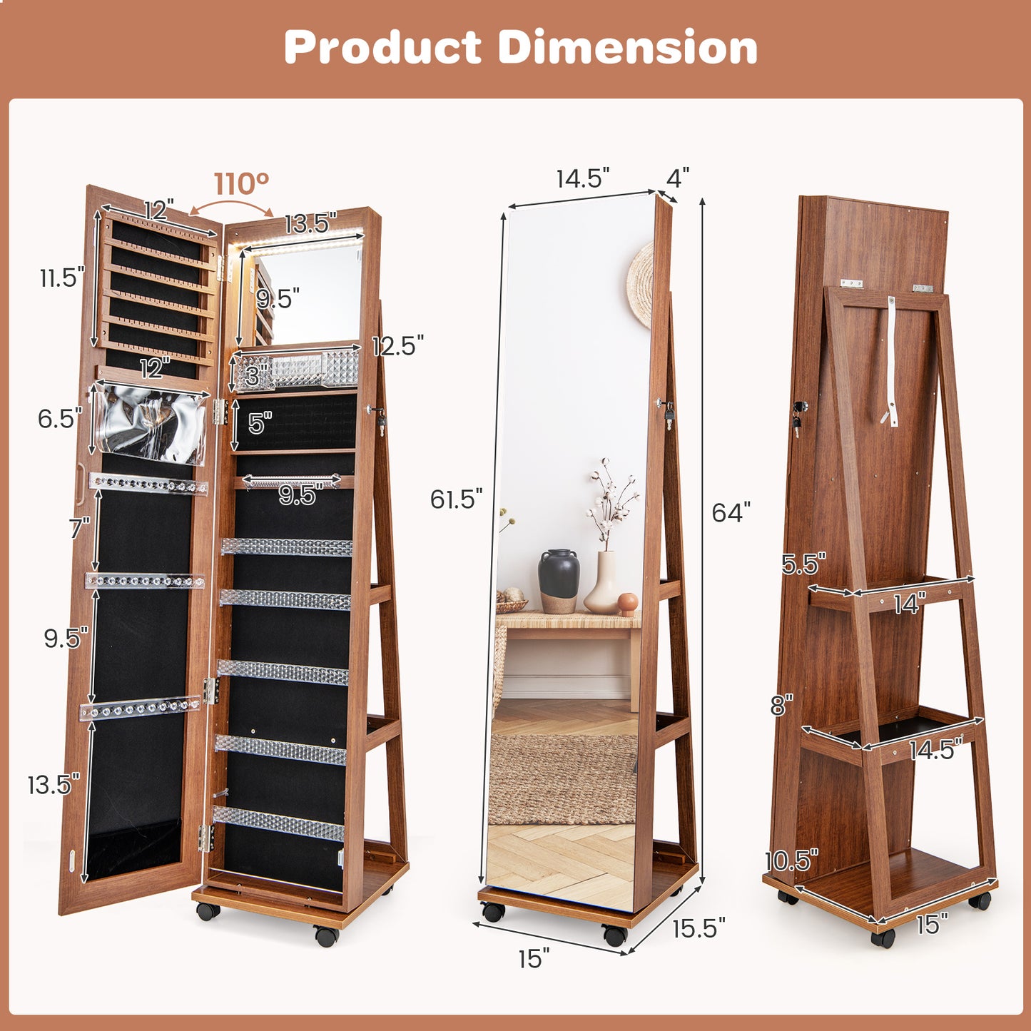 64-Inch Jewelry Armoire with Full-Length Mirror and LED Lights