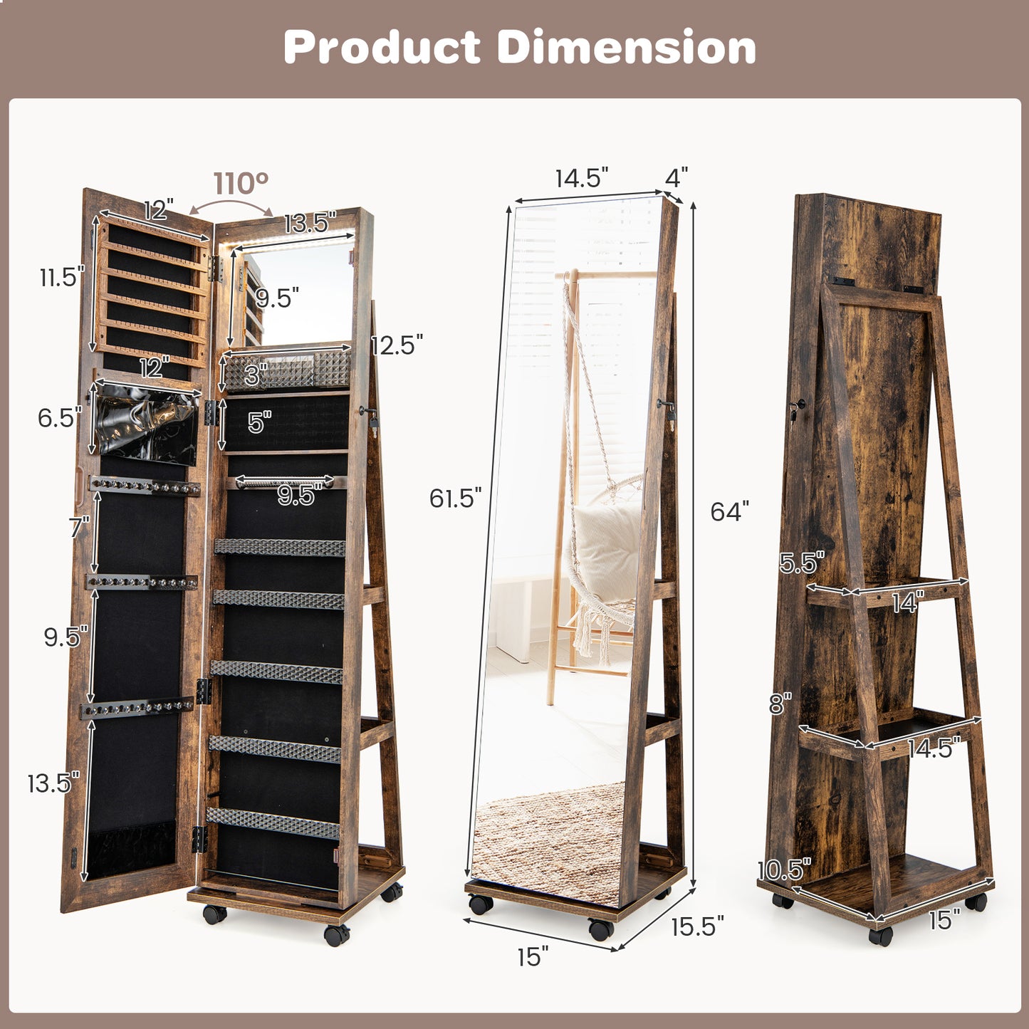 64-Inch Jewelry Armoire with Full-Length Mirror and LED Lights