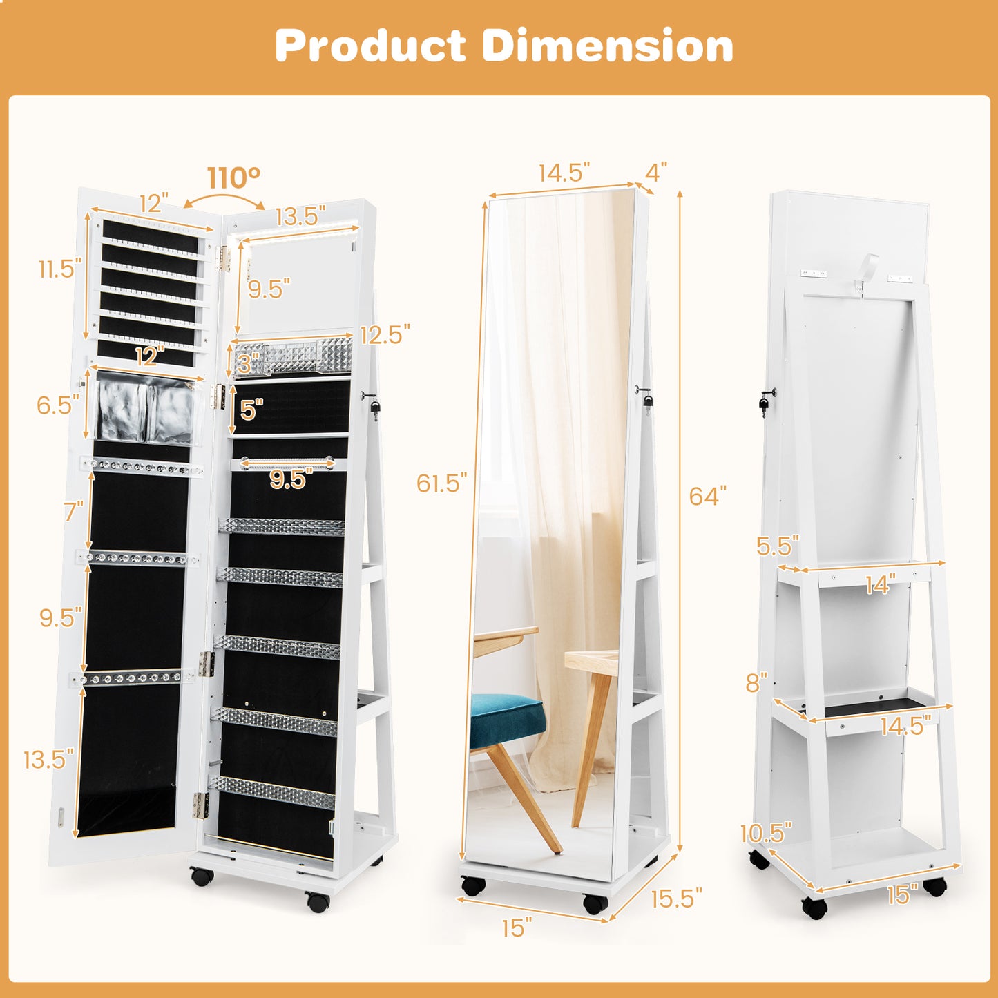 64-Inch Jewelry Armoire with Full-Length Mirror and LED Lights