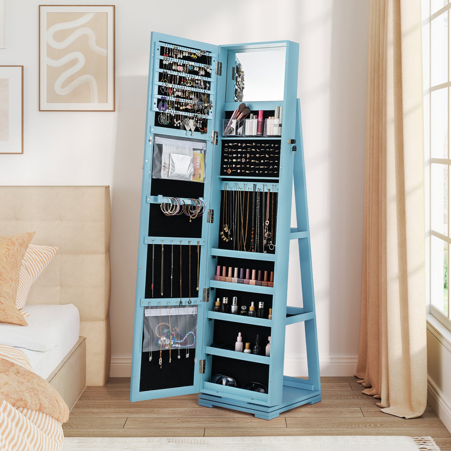 Jewelry Armoire with Full-Length Mirror and 360° Rotation