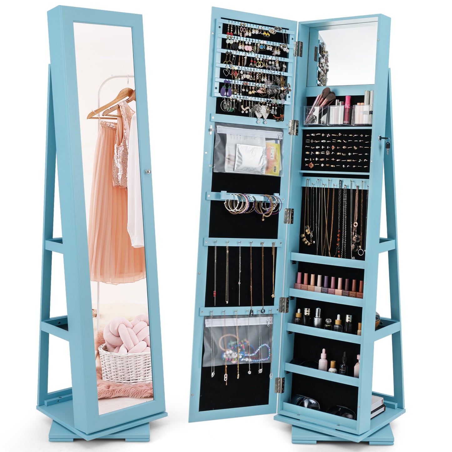 Jewelry Armoire with Full-Length Mirror and 360° Rotation