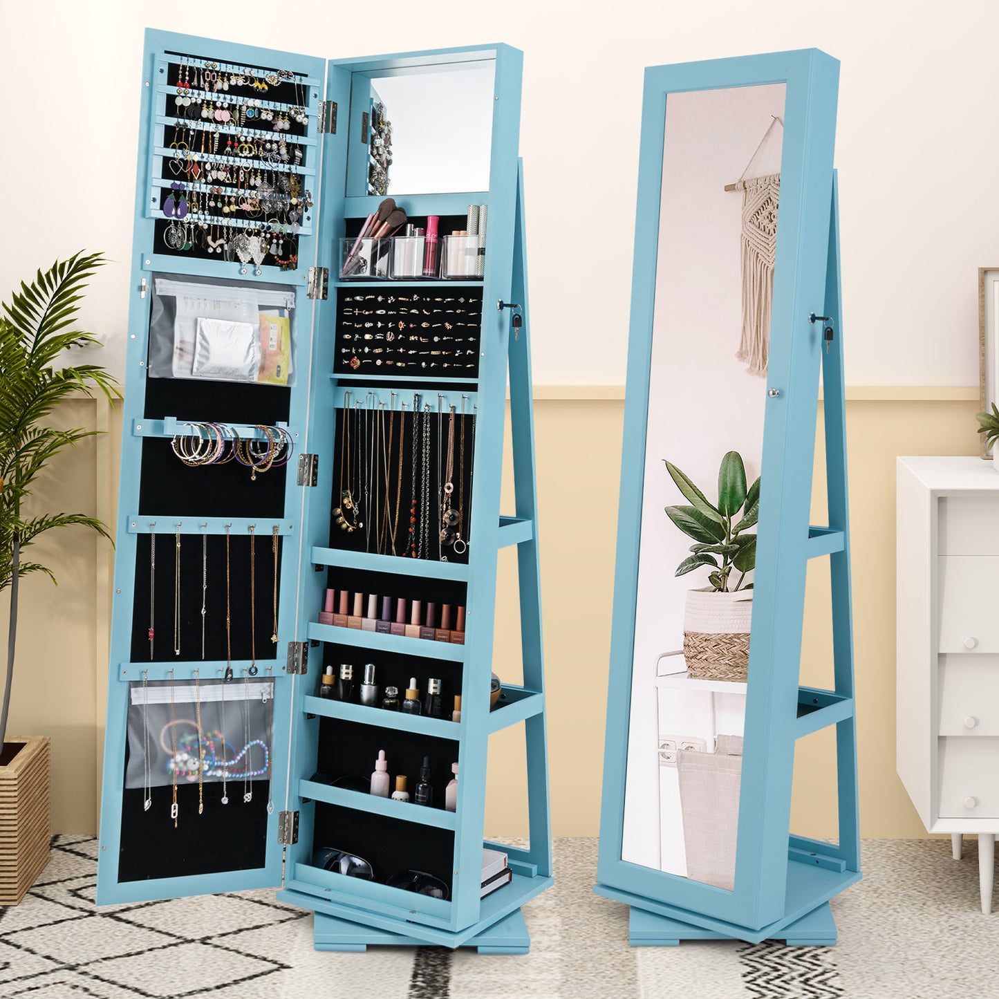 Jewelry Armoire with Full-Length Mirror and 360° Rotation