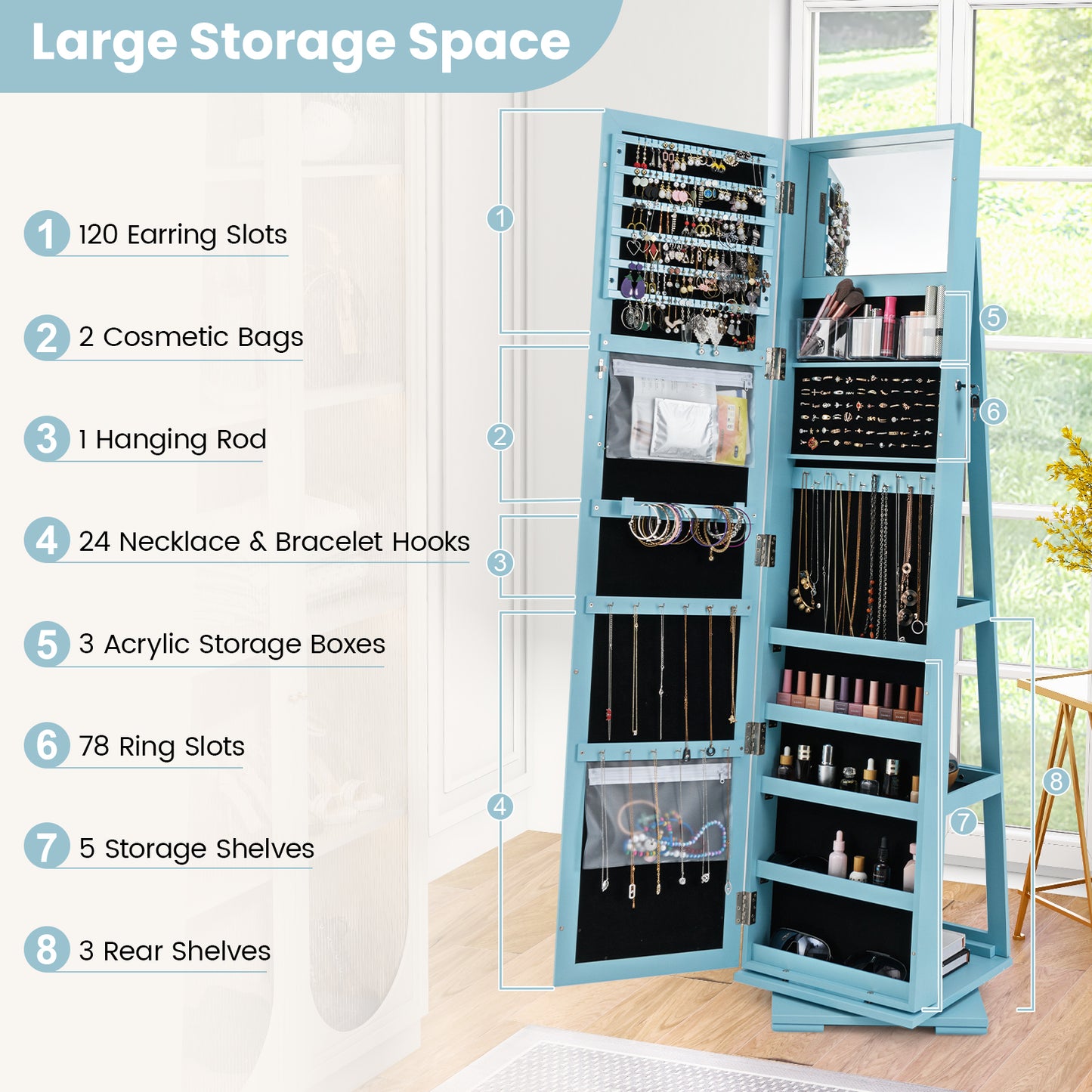 Jewelry Armoire with Full-Length Mirror and 360° Rotation