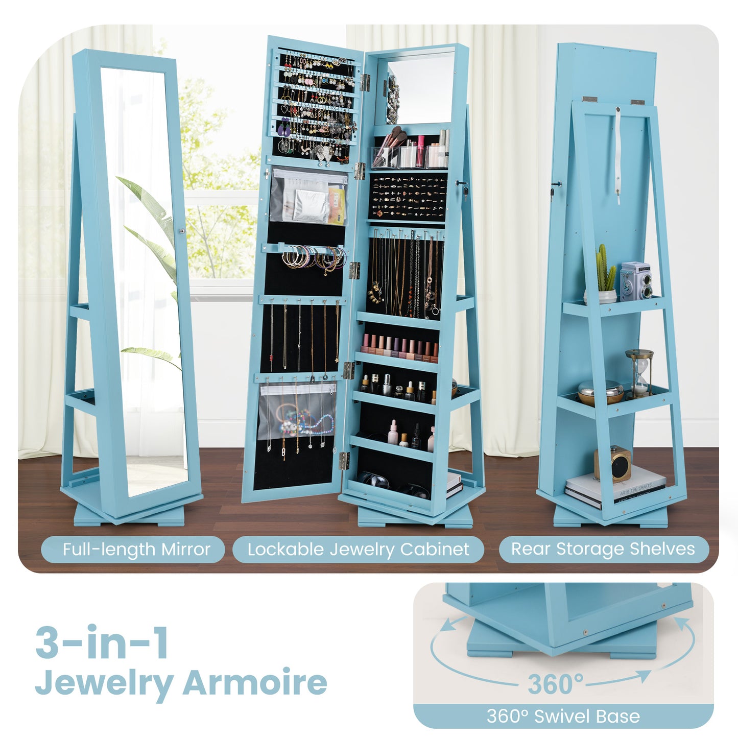 Jewelry Armoire with Full-Length Mirror and 360° Rotation