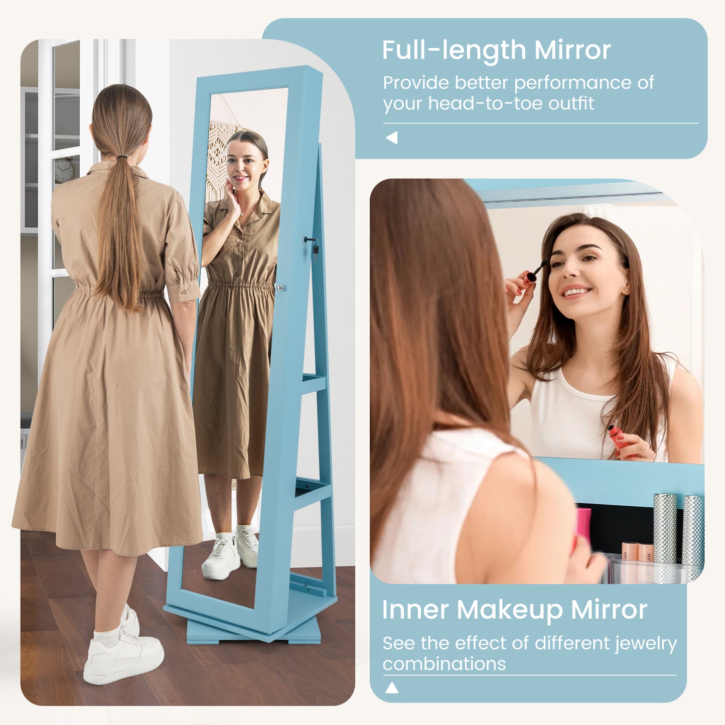 Jewelry Armoire with Full-Length Mirror and 360° Rotation