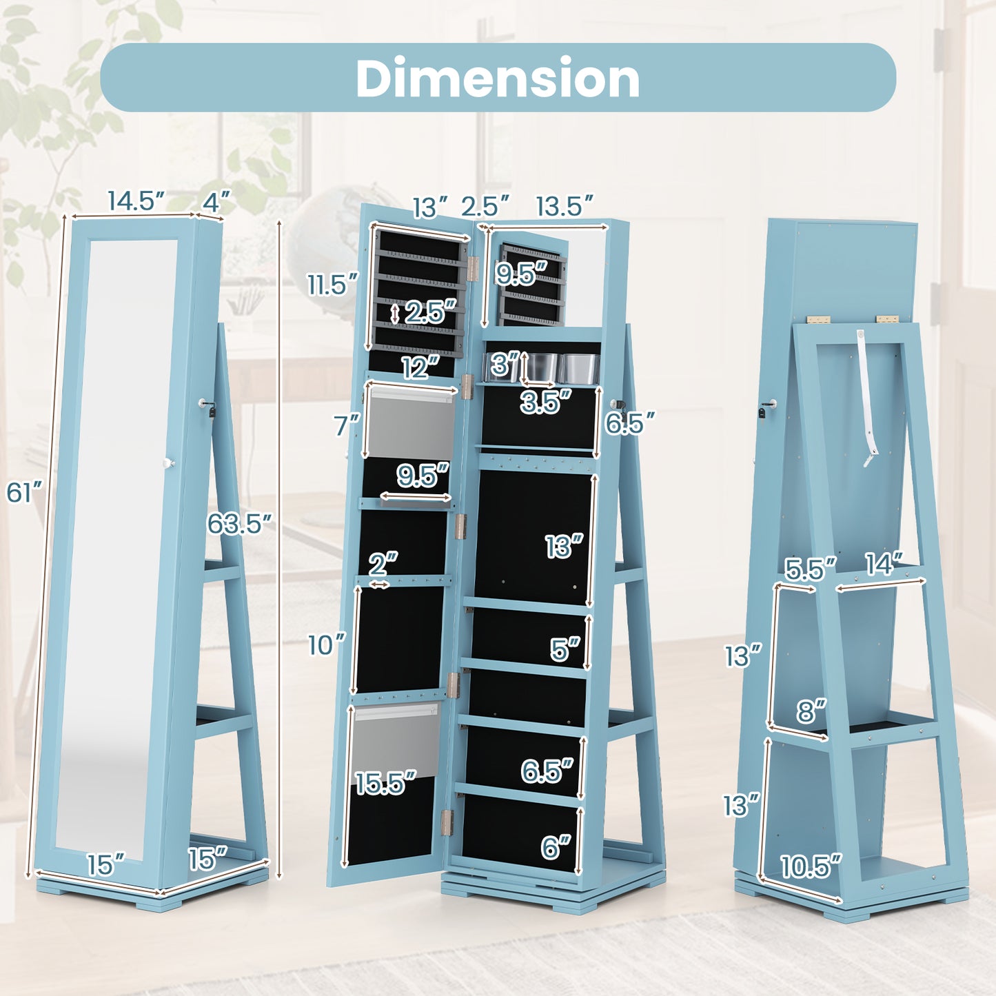 Jewelry Armoire with Full-Length Mirror and 360° Rotation